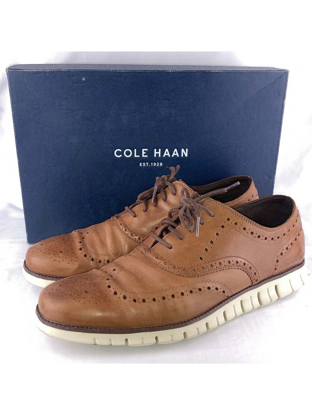 Mens Size 14 M Cole Haan ZeroGrand Wingtip Oxford Tan Brown Leather Shoes C27960